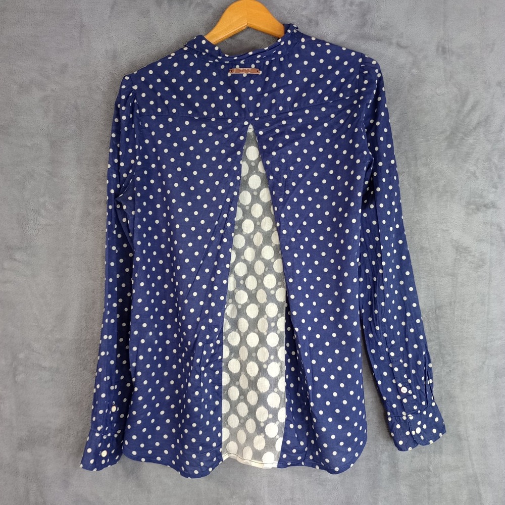 Birds of Paradis By Trovata Popover Shirts Med Navy Polka Dot Lace Peekaboo Back - Picture 7 of 10